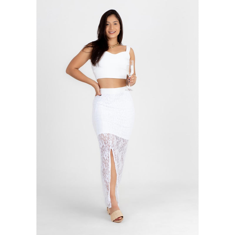 Conjunto Cropped e Saia de Renda com Fenda Lateral Branco