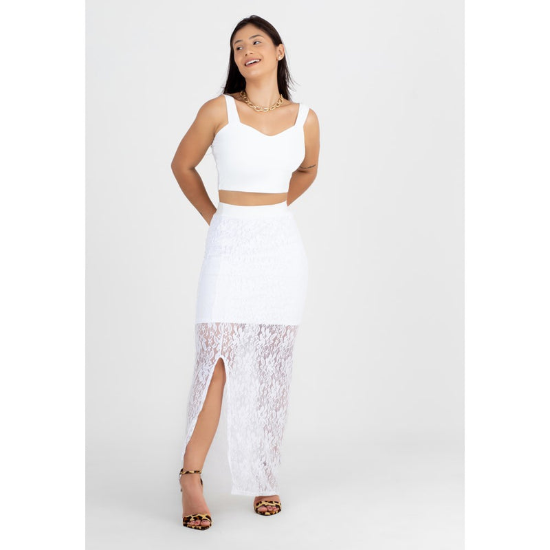 Conjunto Cropped e Saia de Renda com Fenda Lateral Branco