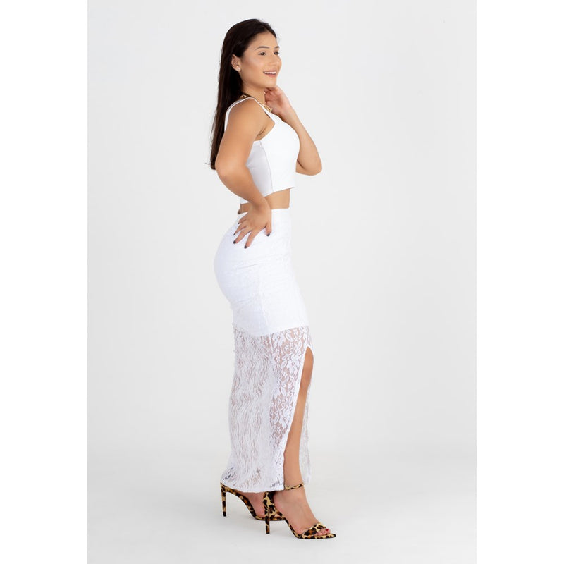 Conjunto Cropped e Saia de Renda com Fenda Lateral Branco