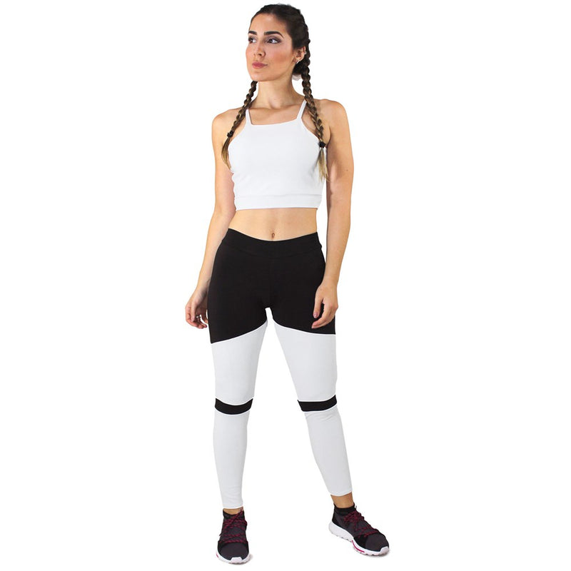 Conjunto Fitness Cropped Branco + Calça Legging Fitness Preto Com Branco