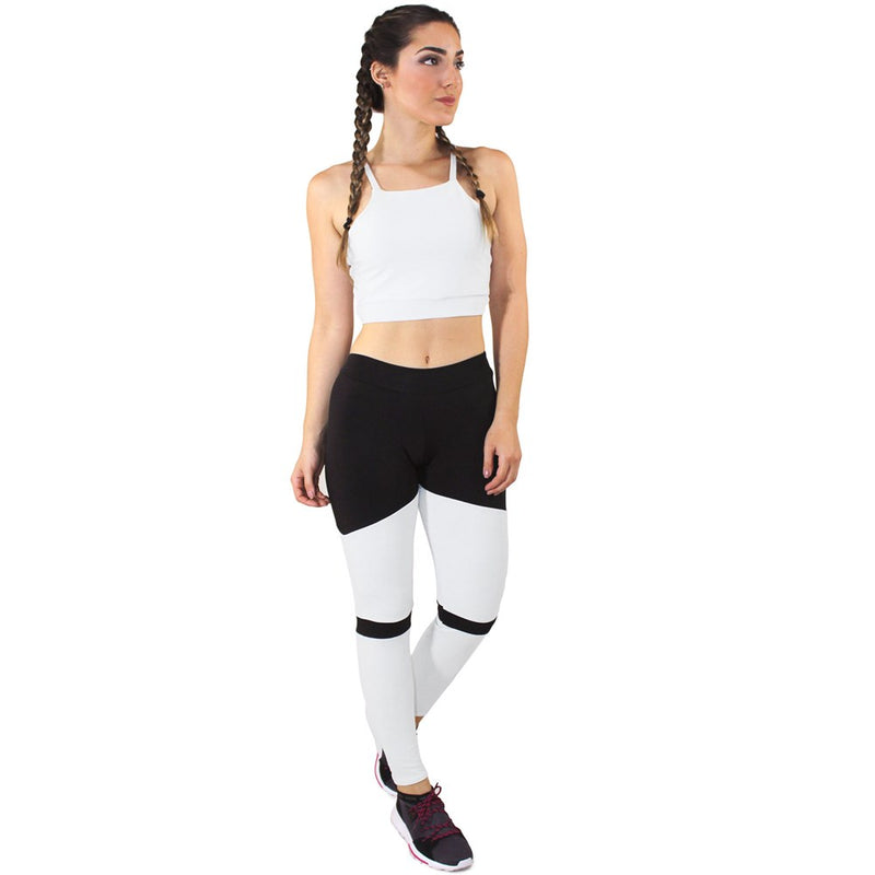 Conjunto Fitness Cropped Branco + Calça Legging Fitness Preto Com Branco