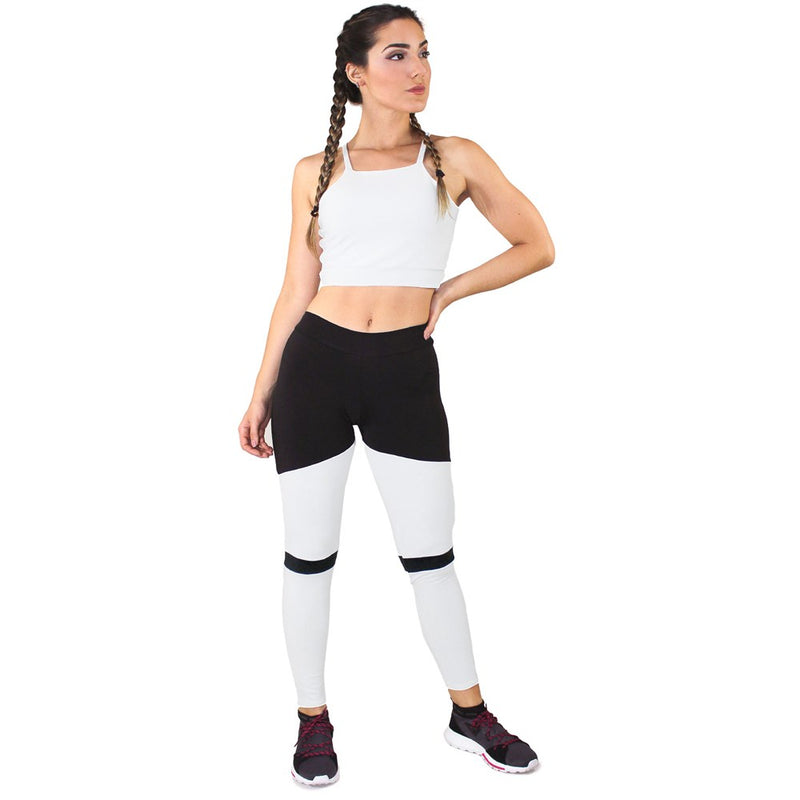 Conjunto Fitness Cropped Branco + Calça Legging Fitness Preto Com Branco