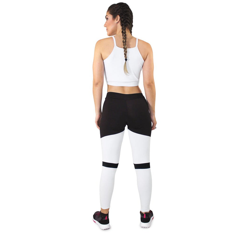 Conjunto Fitness Cropped Branco + Calça Legging Fitness Preto Com Branco