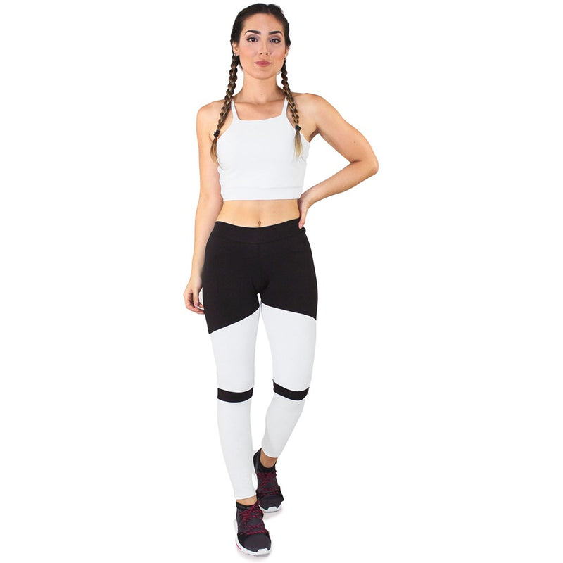 Conjunto Fitness Cropped Branco + Calça Legging Fitness Preto Com Branco