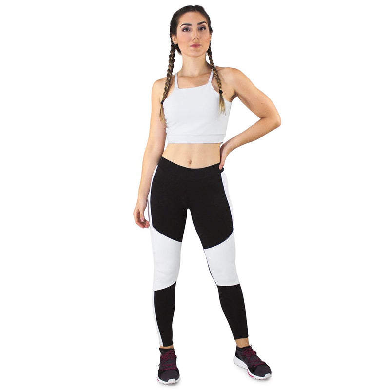 Conjunto Fitness Cropped Branco + Calça Fitness Preto Com Detalhe Branco