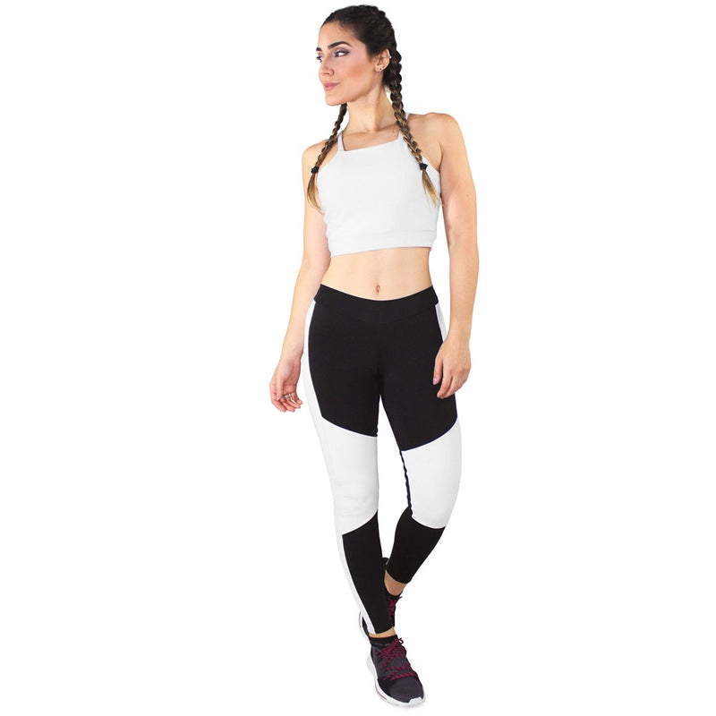 Conjunto Fitness Cropped Branco + Calça Fitness Preto Com Detalhe Branco