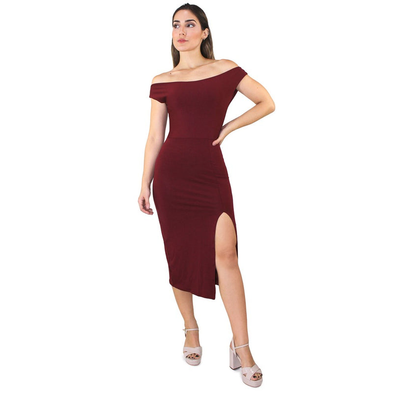 Vestido Feminino Ombro a Ombro com Fenda