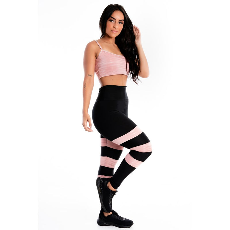 Conjunto Calça Legging 3 Listras Cropped Alcinha Rose