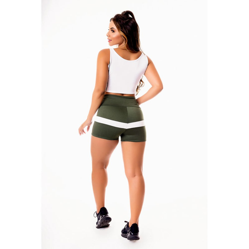 Conjunto Fitness Feminino Short Verde Militar com Branco Cintura Alta e Cropped Regata Branco com Detalhes em Vivo Academia