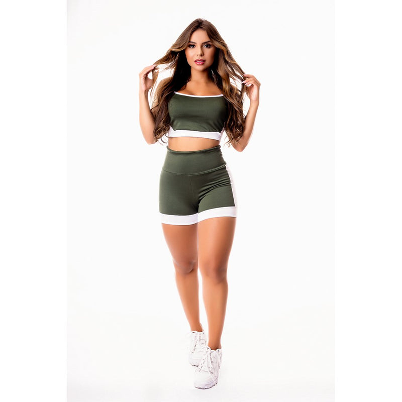 Conjunto Fitness Feminino Short Verde Militar com Branco Cintura Alta e Cropped Alcinha Academia