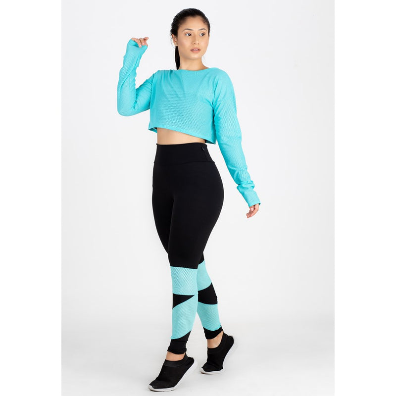 Conjunto Fitness Calça Legging + Cropped de Telinha Manga Longa com Detalhes em Azul Turquesa