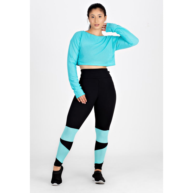 Conjunto Fitness Calça Legging + Cropped de Telinha Manga Longa com Detalhes em Azul Turquesa