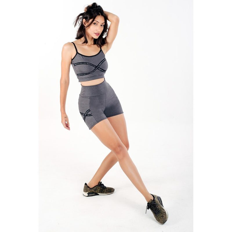 Conjunto Fitness Short Cintura Alta + Cropped com Elásticos em X