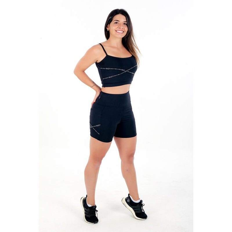 Conjunto Fitness Short Cintura Alta + Cropped com Elásticos em X