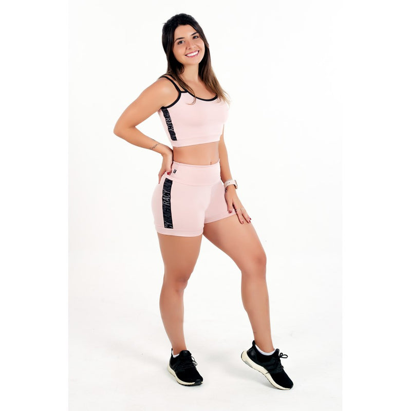 Conjunto Fitness Short Cintura Alta + Cropped Alça Dupla e Elásticos