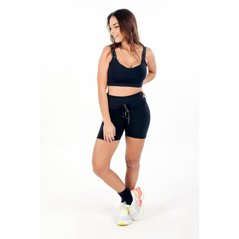 Conjunto Fitness Short Cintura Alta com Cardaço Fake + Cropped Alça Dupla