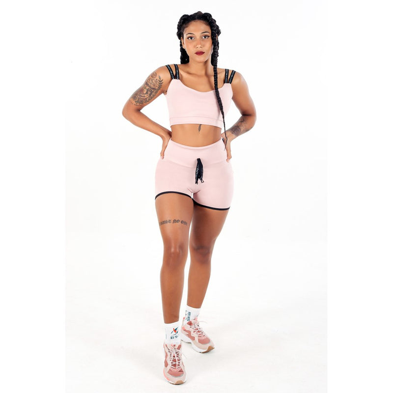 Conjunto Fitness Short Cintura Alta com Cardaço Fake + Cropped Alça Dupla