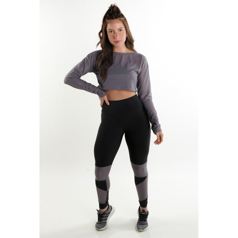 Conjunto Fitness Cropped e Calça Legging com Detalhes de Renda em Cinza